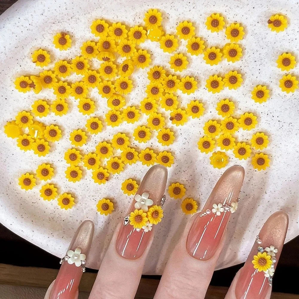 100-Pack 3D Sunflower Daisy Nail Rhinestones 6×6mm DIY Decor Nail Art Rhinestones QXL