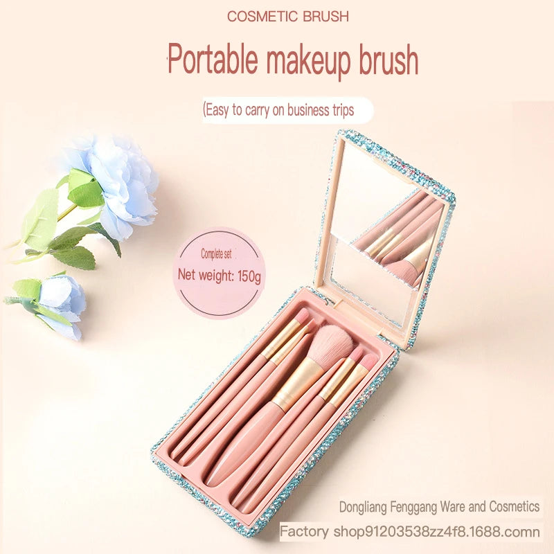 Diamond Mini Makeup Brush Travel Set with Mirror – 6 Pcs Makeup Brush Set QXL