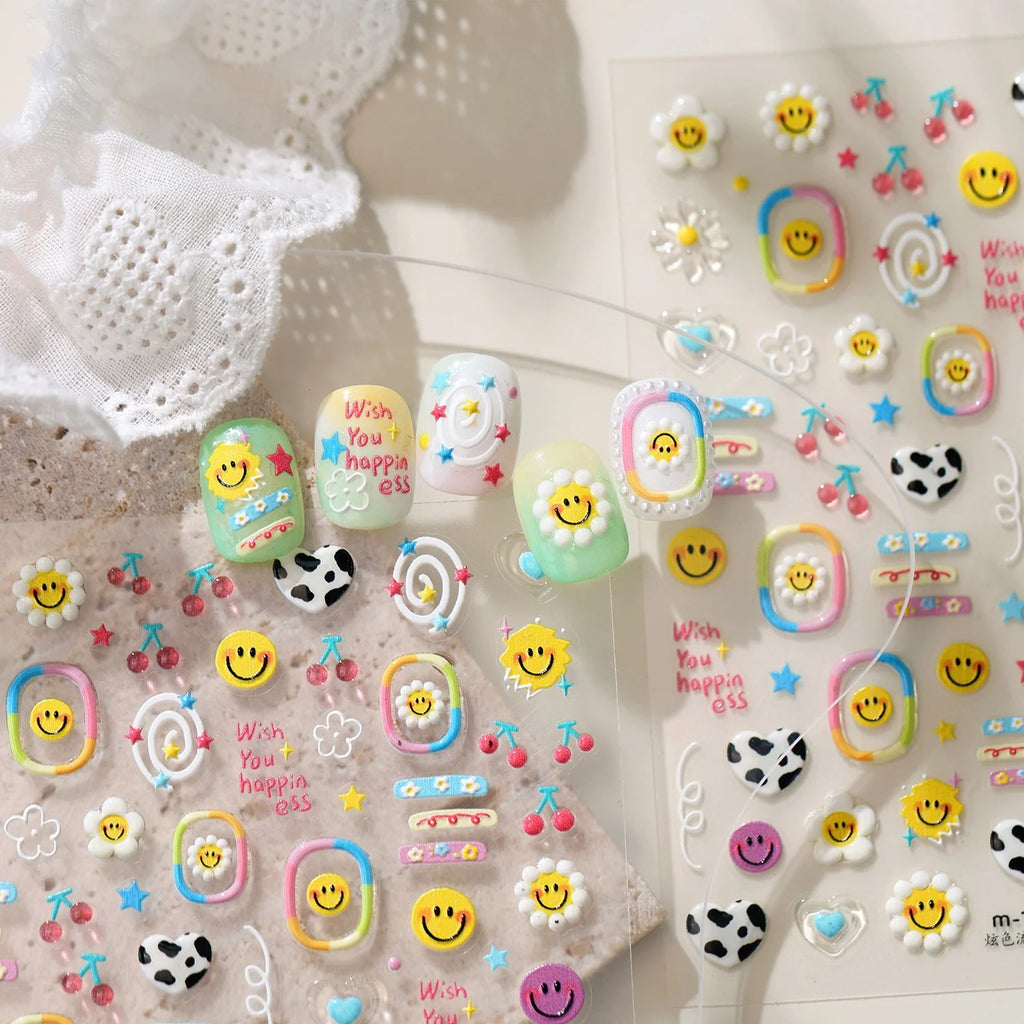 5D Nail Stickers – Smile Face, Cow Print & Daisy Decals Nail Art Stickers QXL