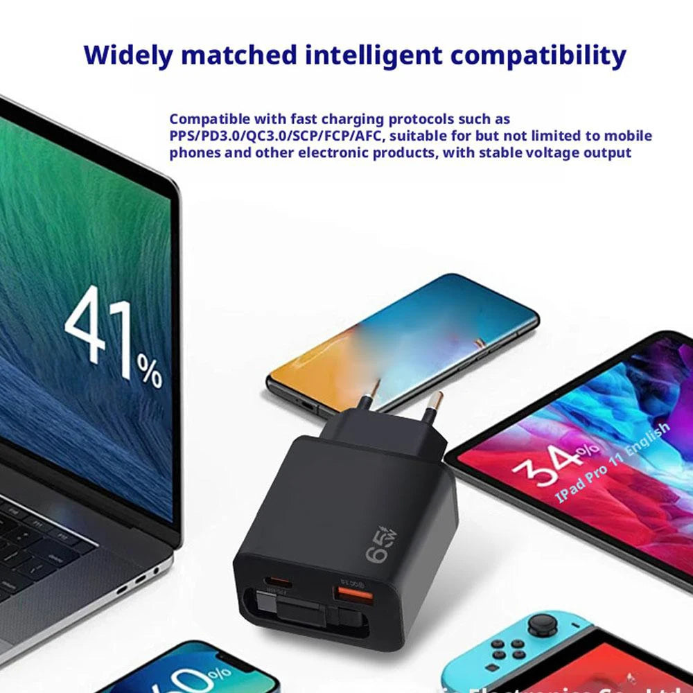 65W USB Fast Charger with Retractable Type-C Cable | PD 20W USB Wall Charger QXL