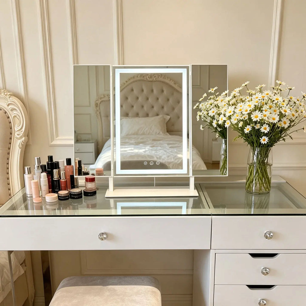 3-Fold LED Tabletop Makeup Mirror | Lighted Vanity Mirror LED Vanity Mirror QXL