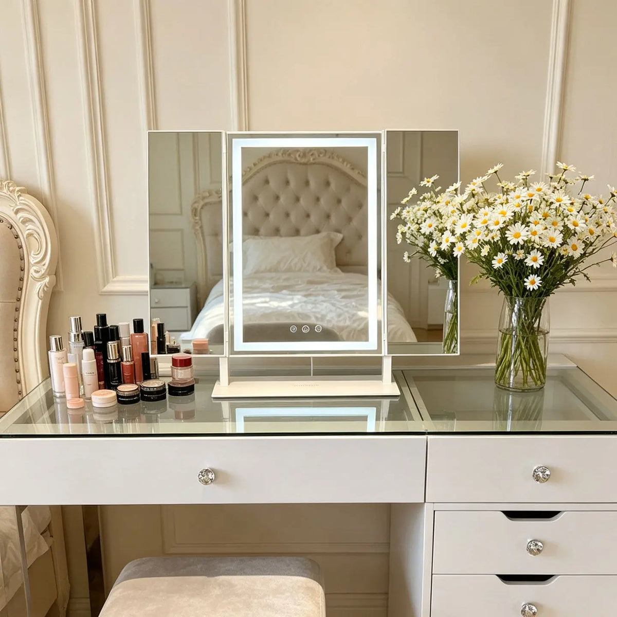 3-Fold LED Tabletop Makeup Mirror | Lighted Vanity Mirror LED Vanity Mirror QXL