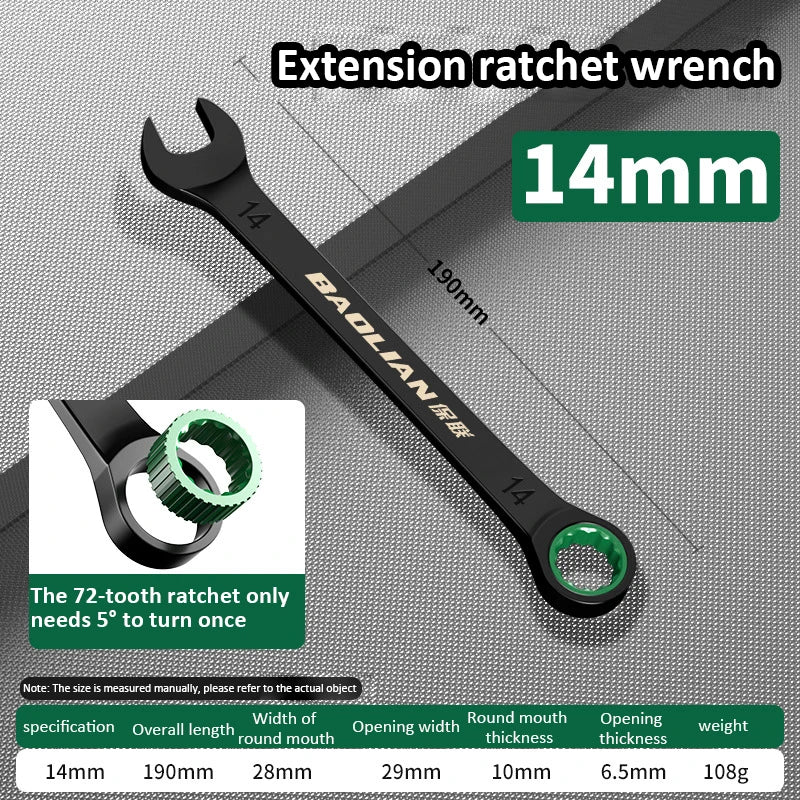72-Tooth Dual-End Ratchet Combination Wrench | Cr-V Steel Ratchet Combination Wrench QXL 14mm