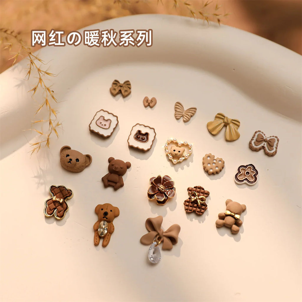 5-Pack 3D Kawaii Alloy Nail Charms – Bear Bow Flower Maillard Nail Art Charms QXL