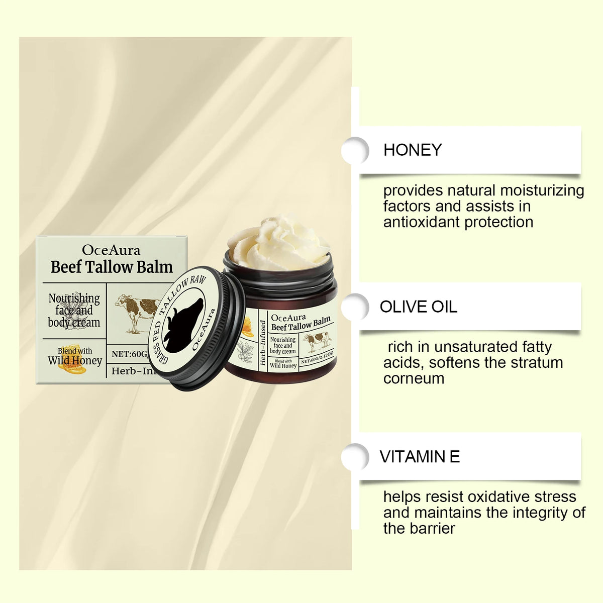 OceAura Beef Tallow Face & Body Moisturizer Cream | Anti-Aging Tallow Moisturizer Cream QXL