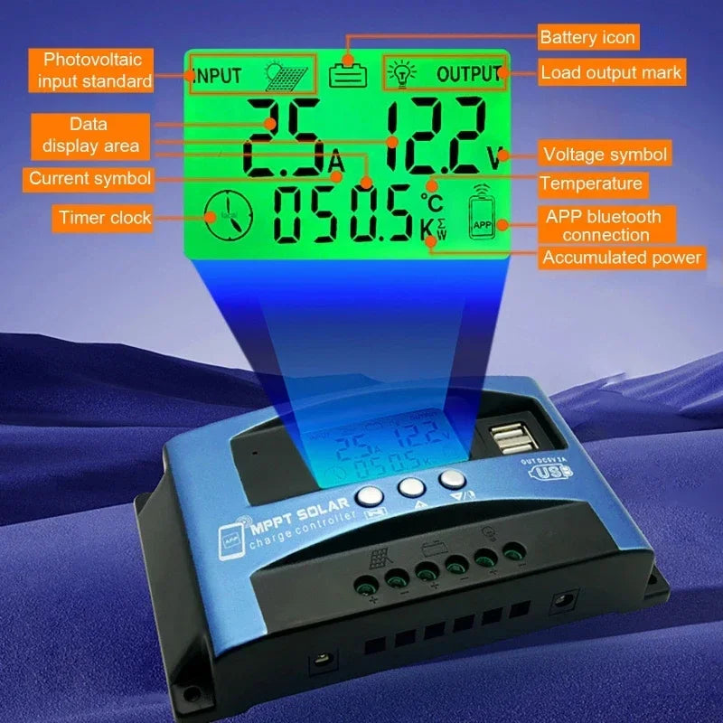 MPPT Solar Charge Controller Bluetooth WiFi LCD 10A–100A Solar Charge Controller QXL