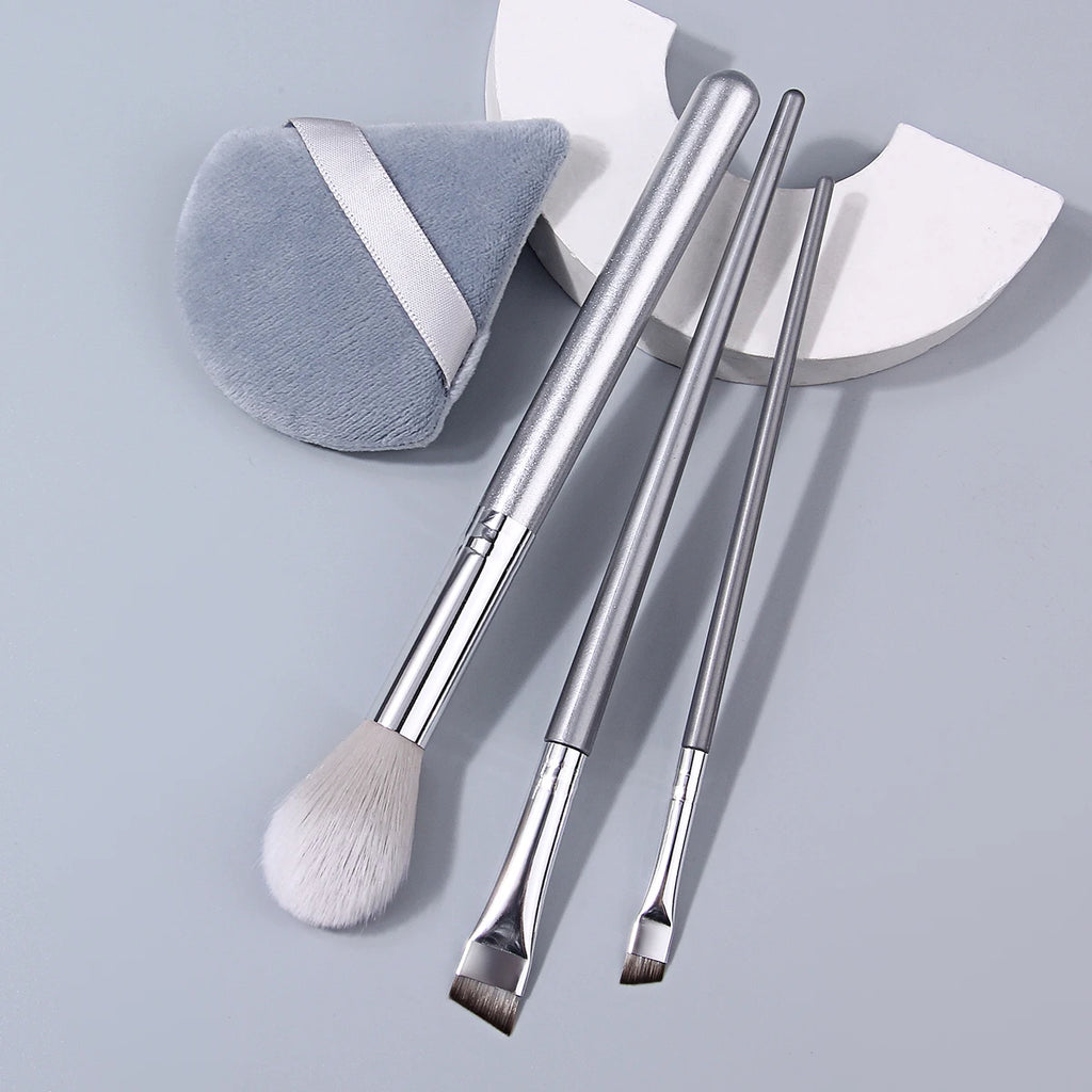 4-Pc Silver Makeup Brush Set | Highlighter, Eyebrow & Puff Makeup Brush Set QXL