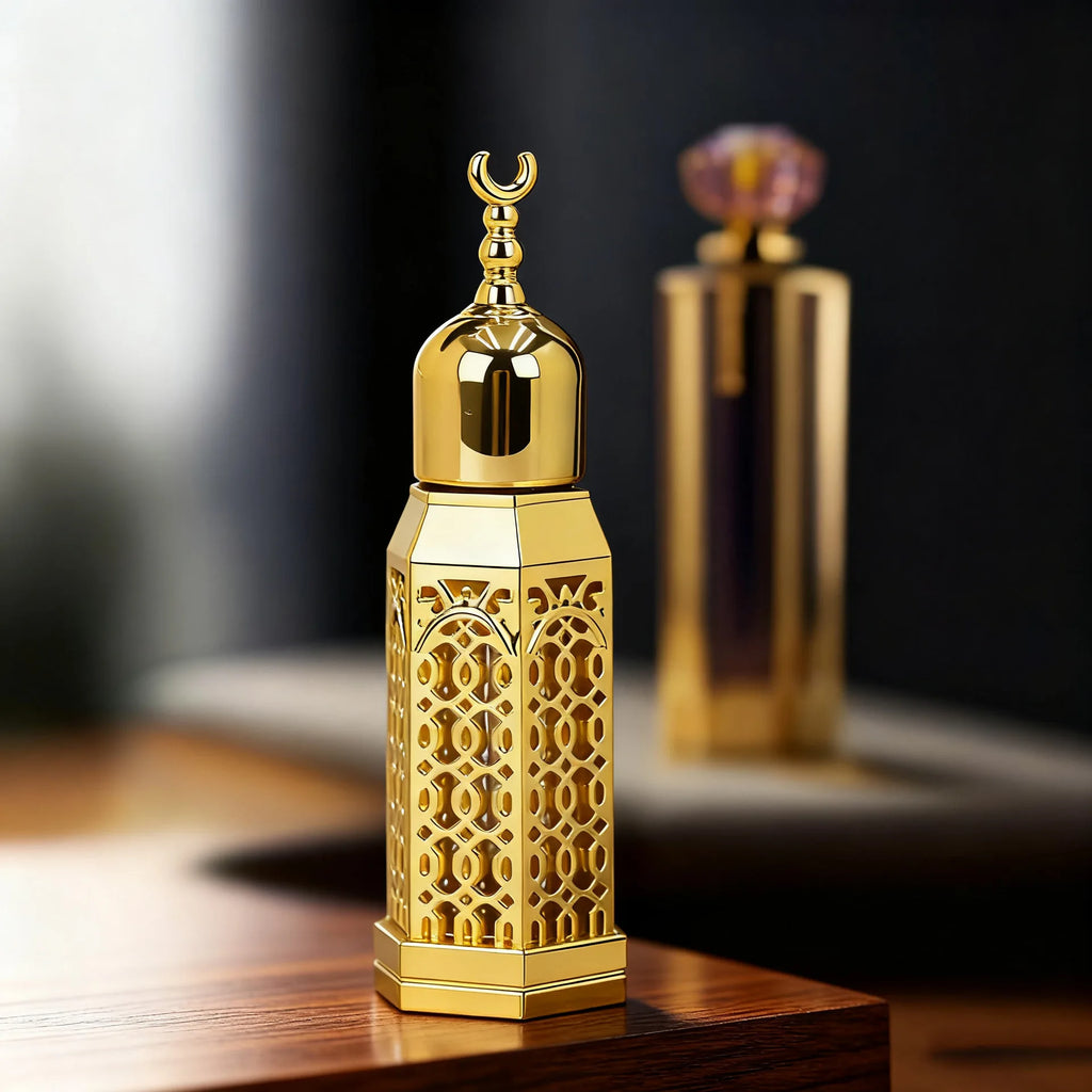3ml Octagonal Glass Perfume Vial | Golden Hollow Metal Cover & Dropper Perfume Vial QXL