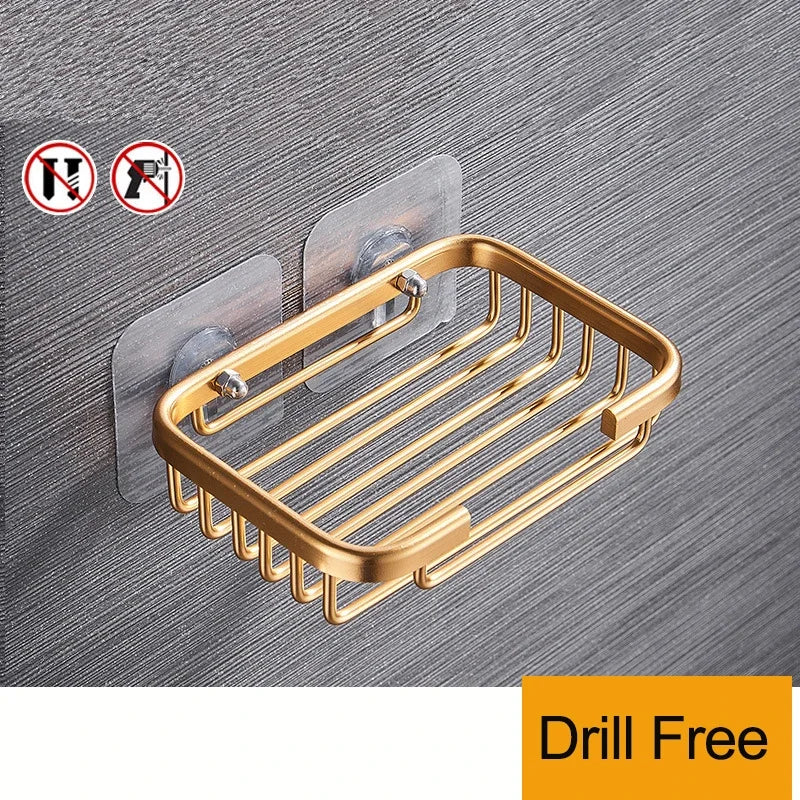 Drill-Free Wall-Mount Aluminum Soap Dish with Drainage | Black Soap Dish Holder QXL gold