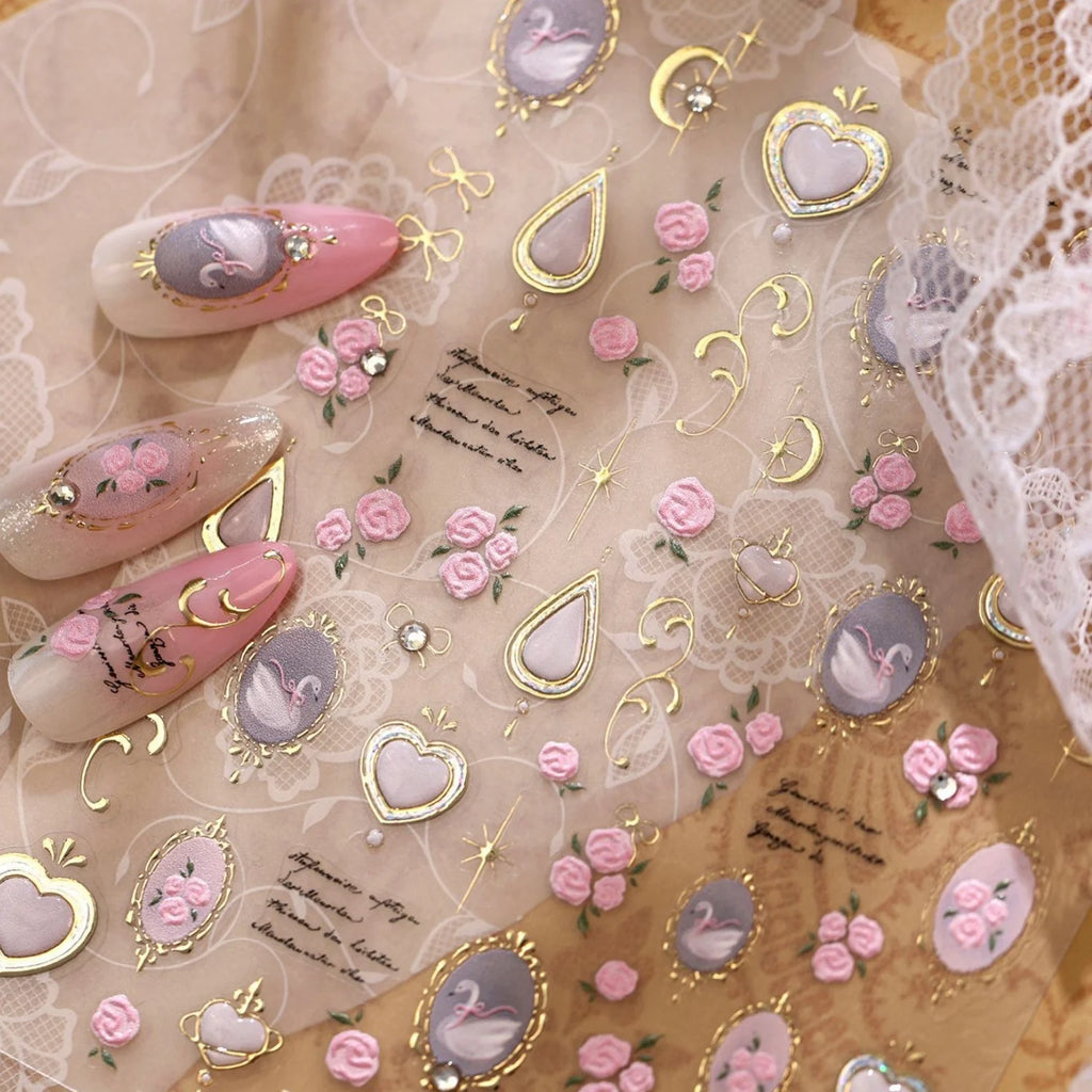5D French Vintage Nail Stickers – Swan Rose Gem Gold Decals Nail Art Stickers QXL