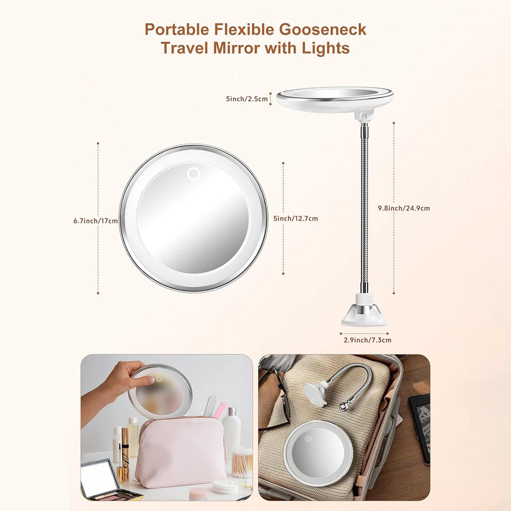 10X Magnifying Lighted Makeup Mirror | Gooseneck & Suction Cup Lighted Makeup Mirror QXL
