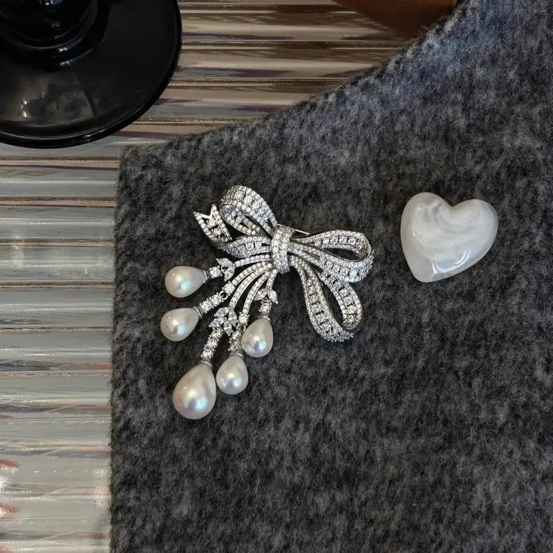 Zircon Pearl Bowknot Tassel Brooch Pin | Women's Corsage Brooch Pin QXL