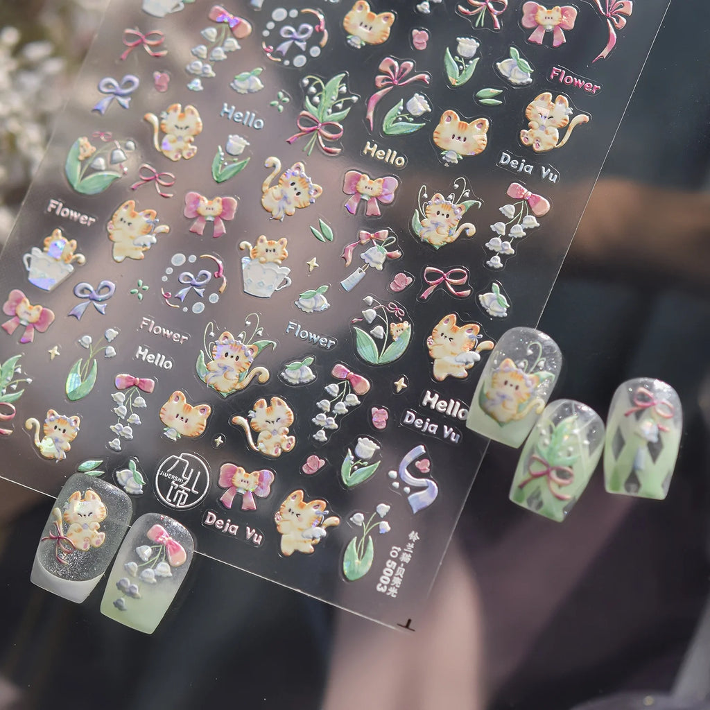 5D Holographic Cat & Floral Embossed Nail Stickers | Self-Adhesive Nail Art Stickers QXL