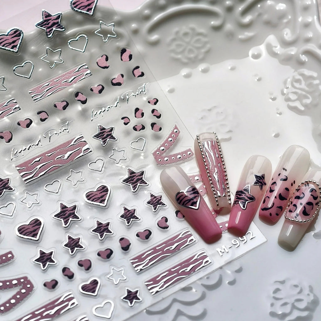 5D Nail Art Stickers – Punk Pink Leopard Hearts & Stars Nail Art Stickers QXL