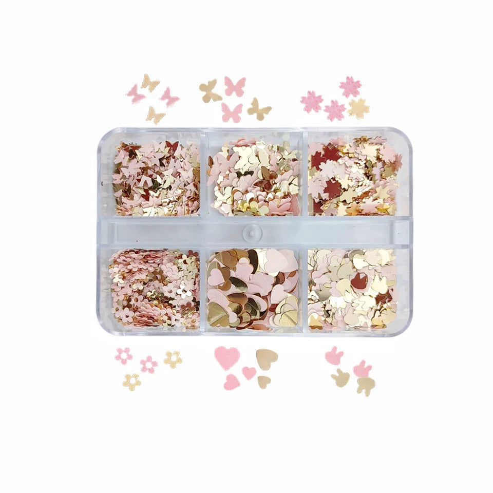 6-Box Nail & Face Glitter Set | Butterfly Flower Designs Nail Art Glitter Set QXL Pink Gold Series