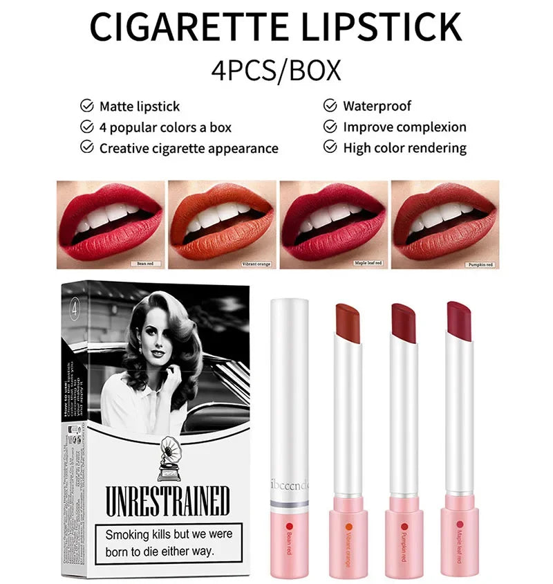 4-Piece Cigarette Lipstick Set | Matte Waterproof Nude Lip Tint Matte Lipstick Set QXL