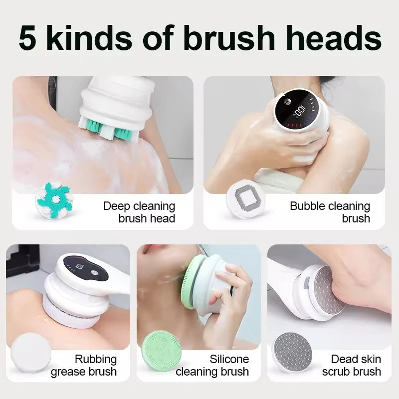 Electric Bath Brush 5 Heads IPX6 Waterproof Long Handle Scrubber Electric Bath Brush QXL