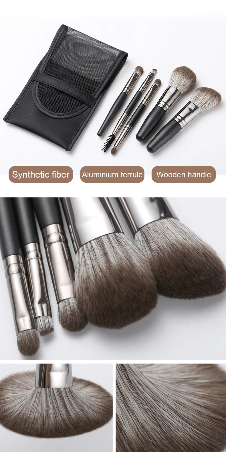 5-Piece Mini Natural Bristle Makeup Brush Set | Travel Travel Makeup Brush Set QXL
