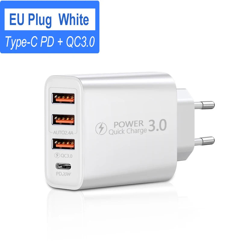 20W 4-Port USB-C PD Fast Charger Wall Adapter USB Wall Charger QXL White EU Plug