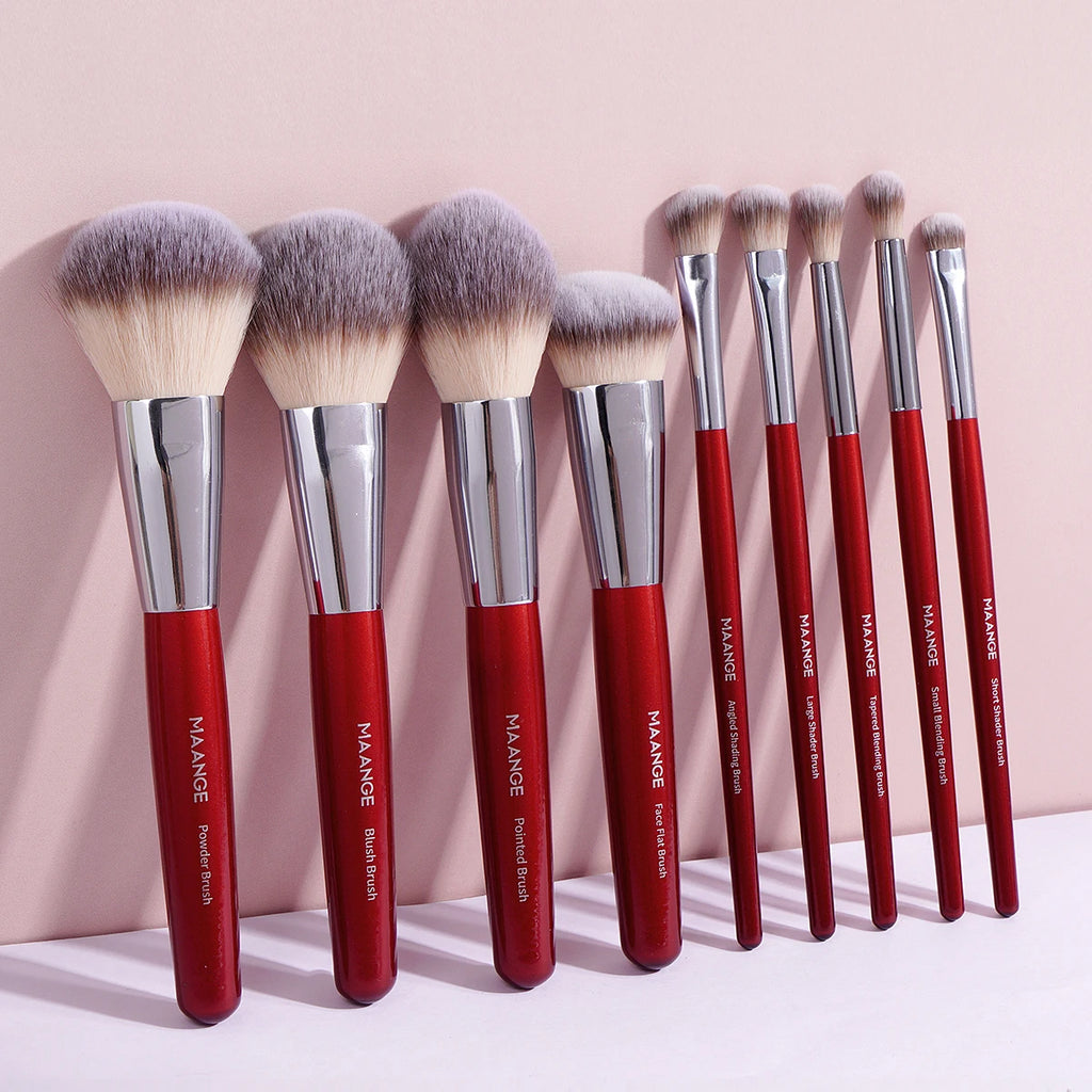 MAANGE 9-Pc Makeup Brush Set | Kabuki, Foundation & Eyeshadow Makeup Brush Set QXL Red