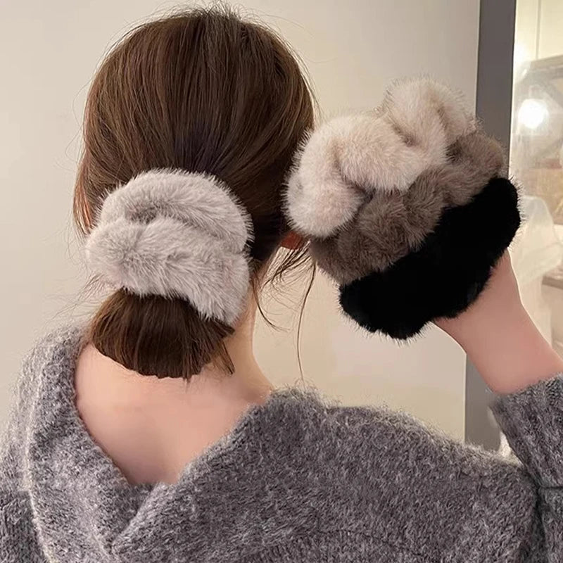 Plush Faux Fur Scrunchies | Women's Fluffy Hair Bands Plush Hair Scrunchie QXL