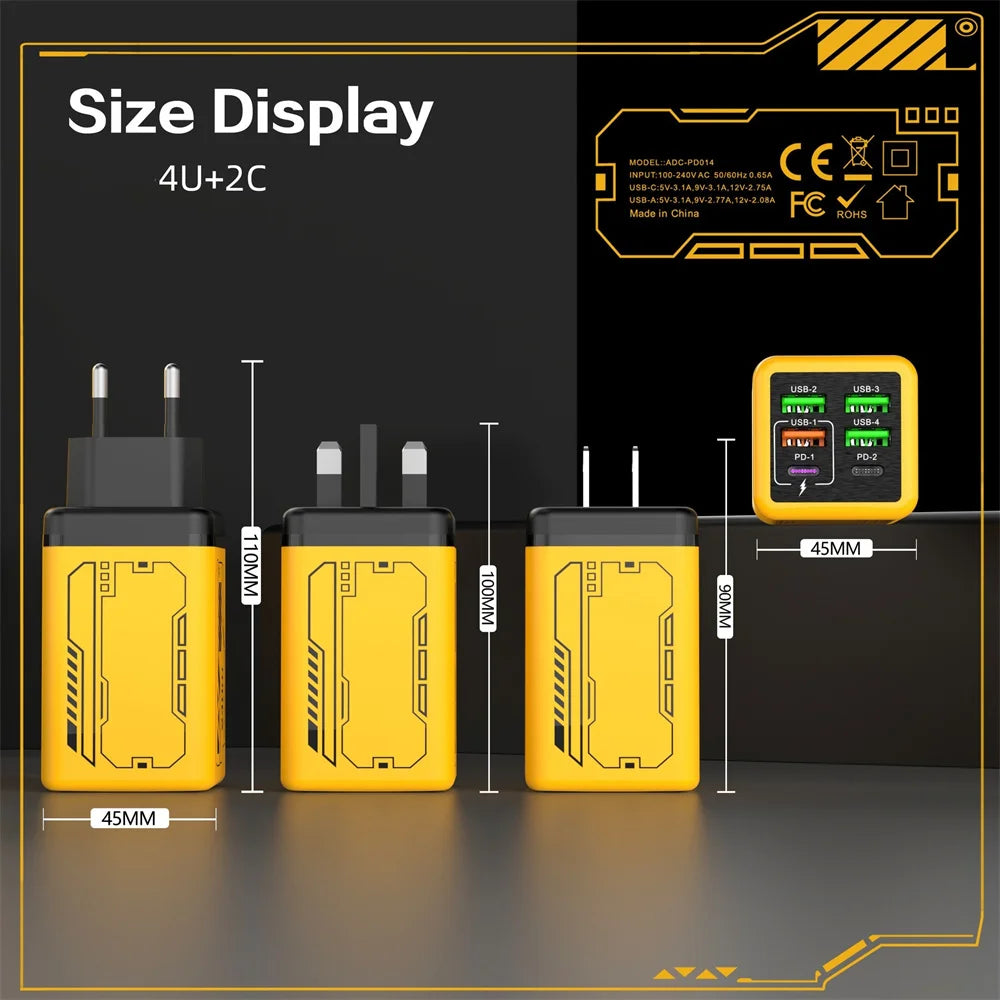 240W 6-Port USB-C PD Fast Charger | EU US UK Travel Adapter Multi-Port Wall Charger QXL