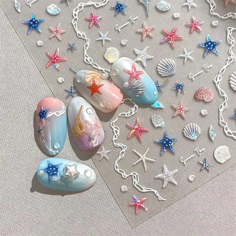 5D Embossed Seashell & Starfish Nail Stickers | Summer Decals Nail Art Stickers QXL