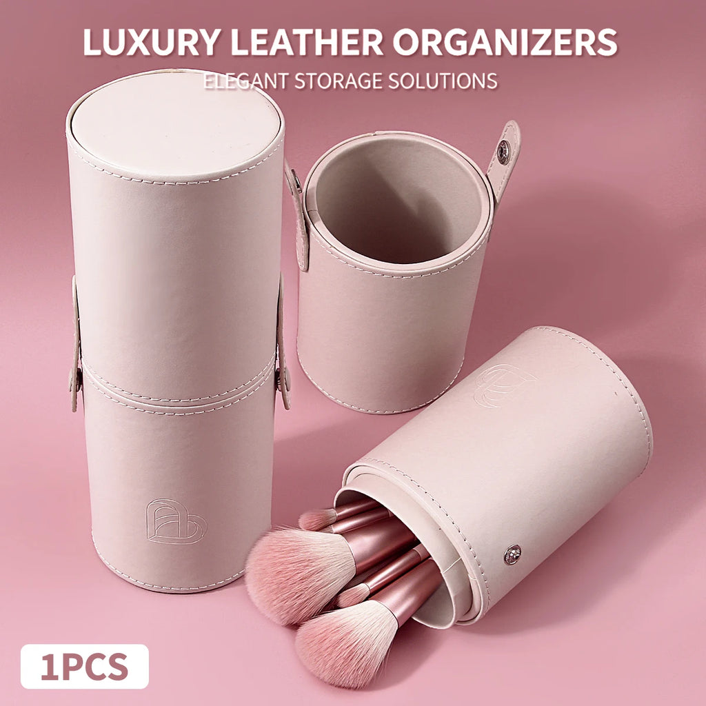 KOSSHOW Leather Makeup Brush Organizer Cylindrical Case Makeup Brush Organizer QXL Beige