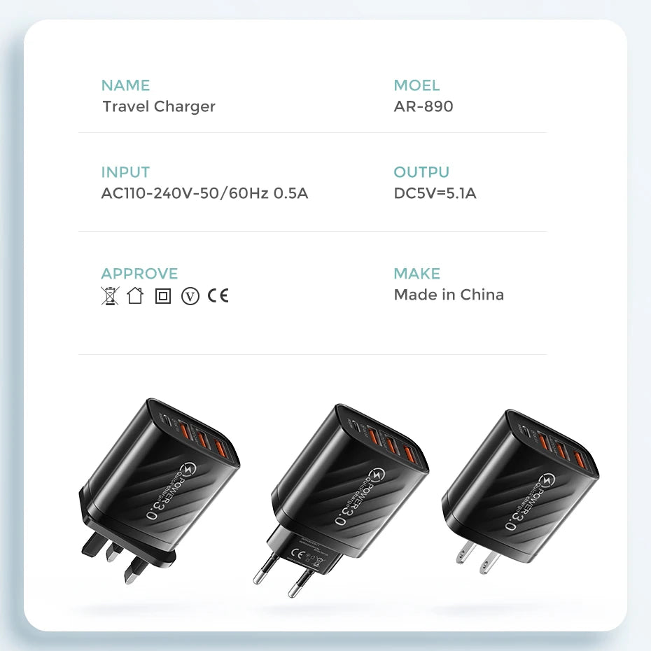 48W USB-C PD & USB-A Fast Wall Charger | EU/US/UK Plug Fast Wall Charger QXL