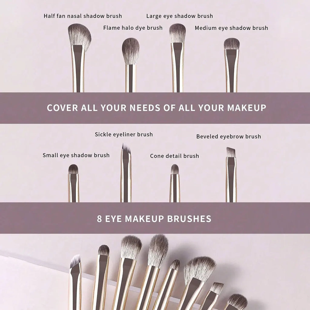 8-Piece Portable Eye Makeup Brush Set – Champagne Silver Eye Makeup Brush Set QXL