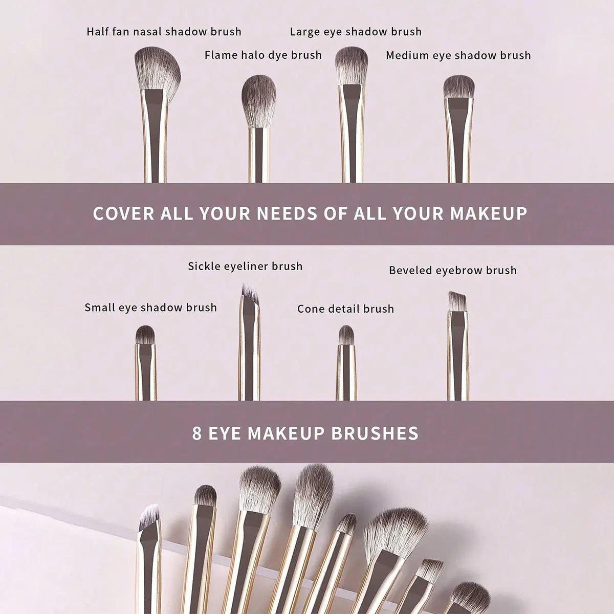 8-Piece Portable Eye Makeup Brush Set – Champagne Silver Eye Makeup Brush Set QXL