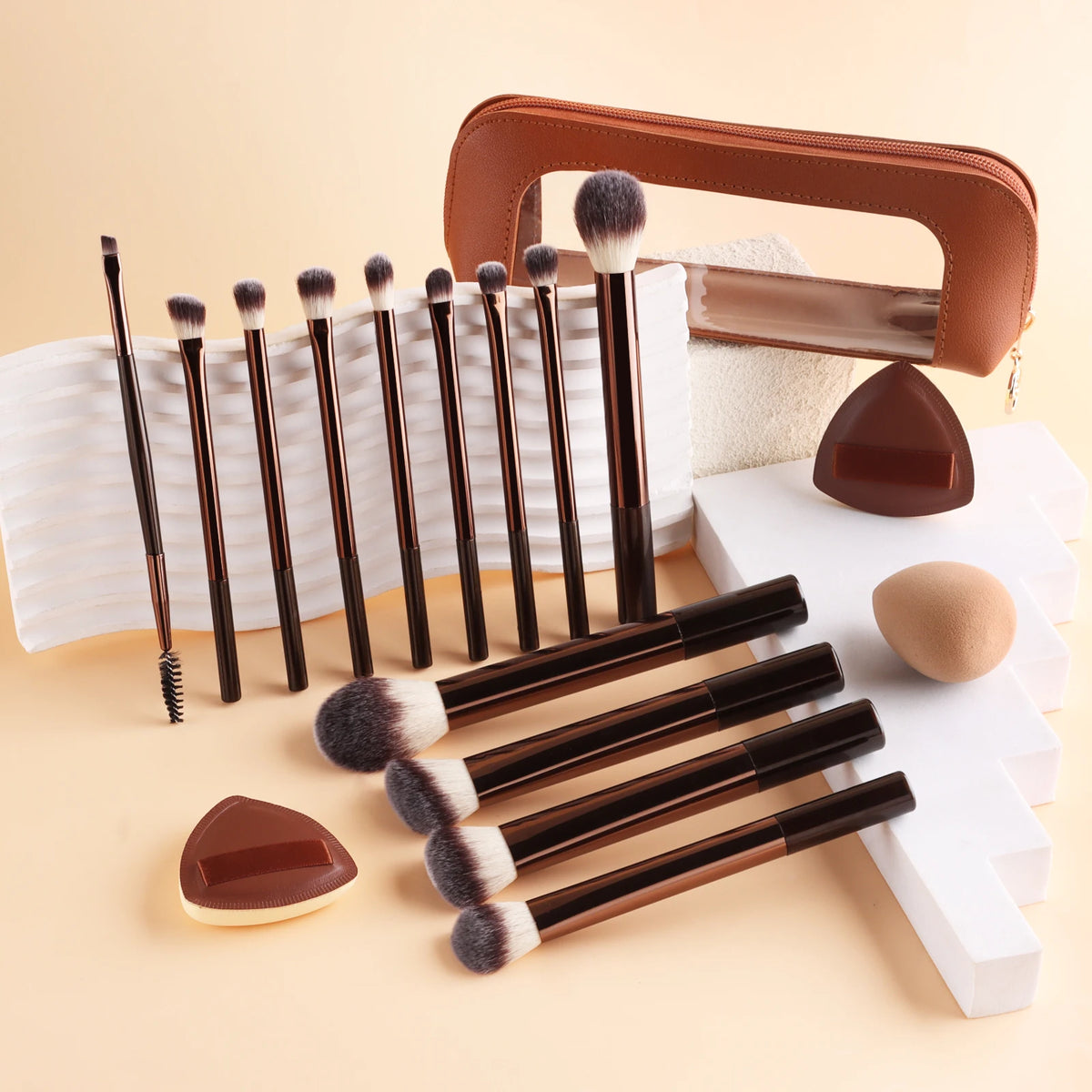 13-Pc Makeup Brush Set with Bag, Sponge & Puff | Ronshadow Makeup Brush Set QXL