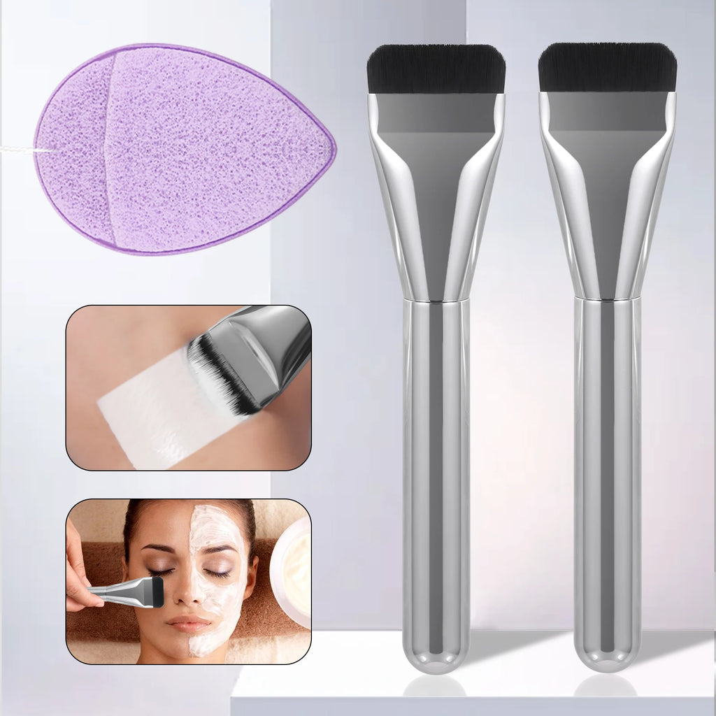 Ronshadow 3-Pc Flat Mask Brush & Puff Set | Foundation Tool Makeup Brush Set QXL Silver