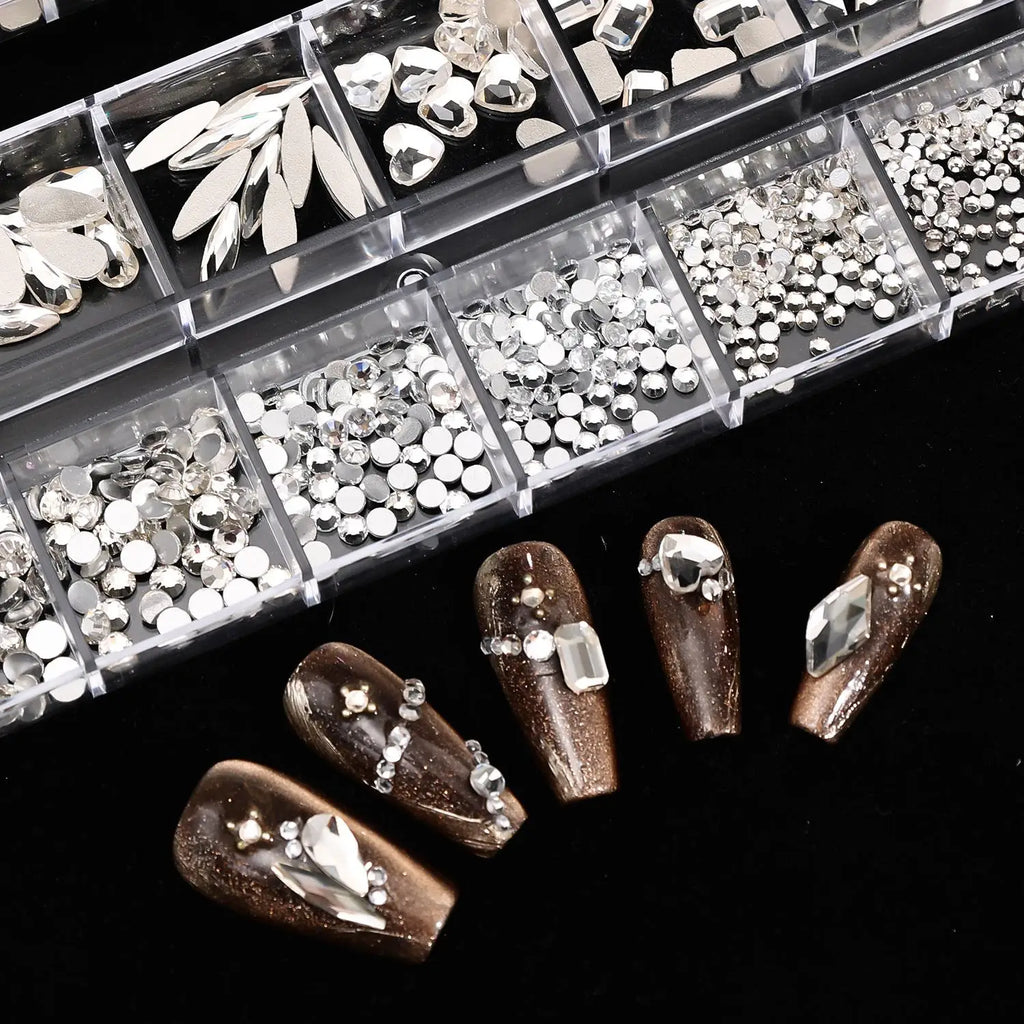 12-Grid Mixed Shape Nail Art Rhinestones | Crystal Flat-Base Nail Art Rhinestones QXL