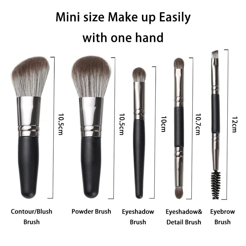 5-Pc Portable Mini Makeup Brush Set with Travel Bag Travel Makeup Brush Set QXL
