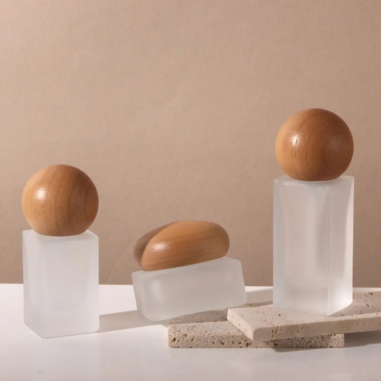 Frosted Glass Lotion Pump Bottle with Wood Cap | 20–120ml Glass Pump Bottle QXL