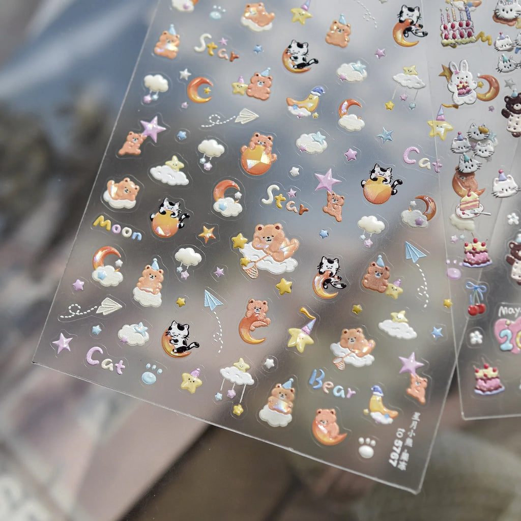 5D Cartoon Nail Stickers | Bear Panda Cat Moon Self-Adhesive Nail Art Stickers QXL