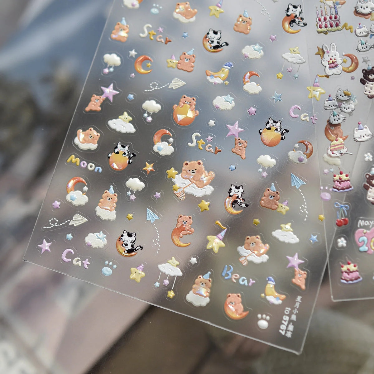 5D Cartoon Nail Stickers | Bear Panda Cat Moon Self-Adhesive Nail Art Stickers QXL
