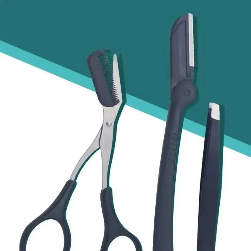 3-Pc Stainless Steel Eyebrow Trimmer Set | Scissors, Comb & Tweezer Eyebrow Grooming Set QXL