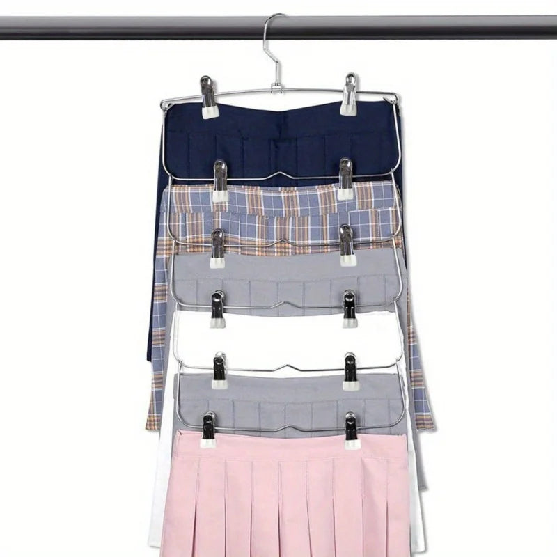 6-Tier Skirt & Pants Hanger with Clips | Space-Saving Closet Multi-Tier Clothes Hanger QXL