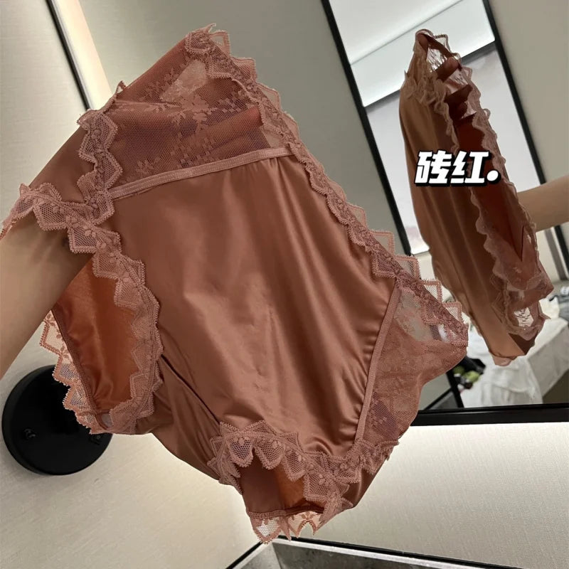 French Satin Lace High-Waist Briefs | Cotton Crotch Plus Size Women's Briefs QXL