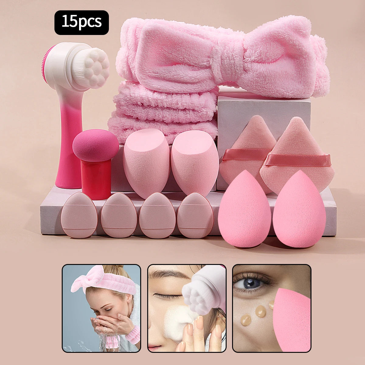 15-Piece Makeup Applicator Set | Puffs, Brushes & Headband Makeup Applicator Set QXL Pink