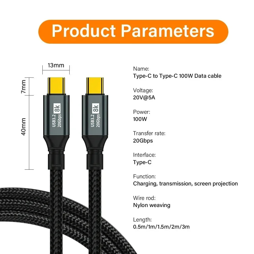 USB C Cable 100W 20Gbps 8K 60Hz | iPhone MacBook 2m 3m USB-C Cable QXL