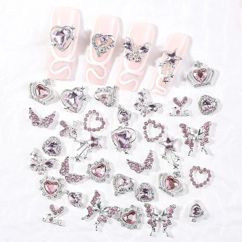 24-Pc Y2K Nail Art Charms | 3D Rhinestone Gems Hearts Stars Bows Nail Art Charms QXL