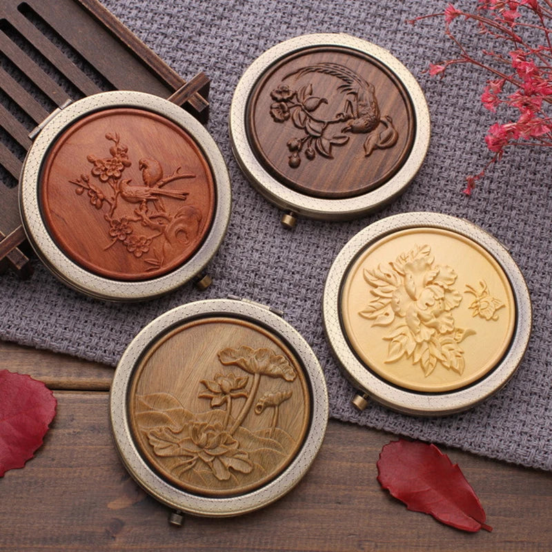 Wood Retro Compact Pocket Mirror | Double-Sided Magnifying Compact Pocket Mirror QXL