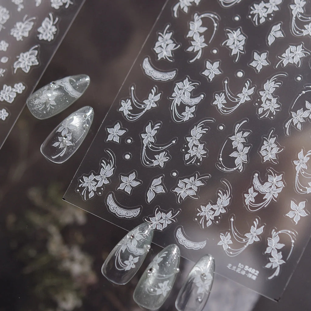 5D White Orchid Nail Stickers | Floral Lace Moon Nail Decals Nail Art Stickers QXL
