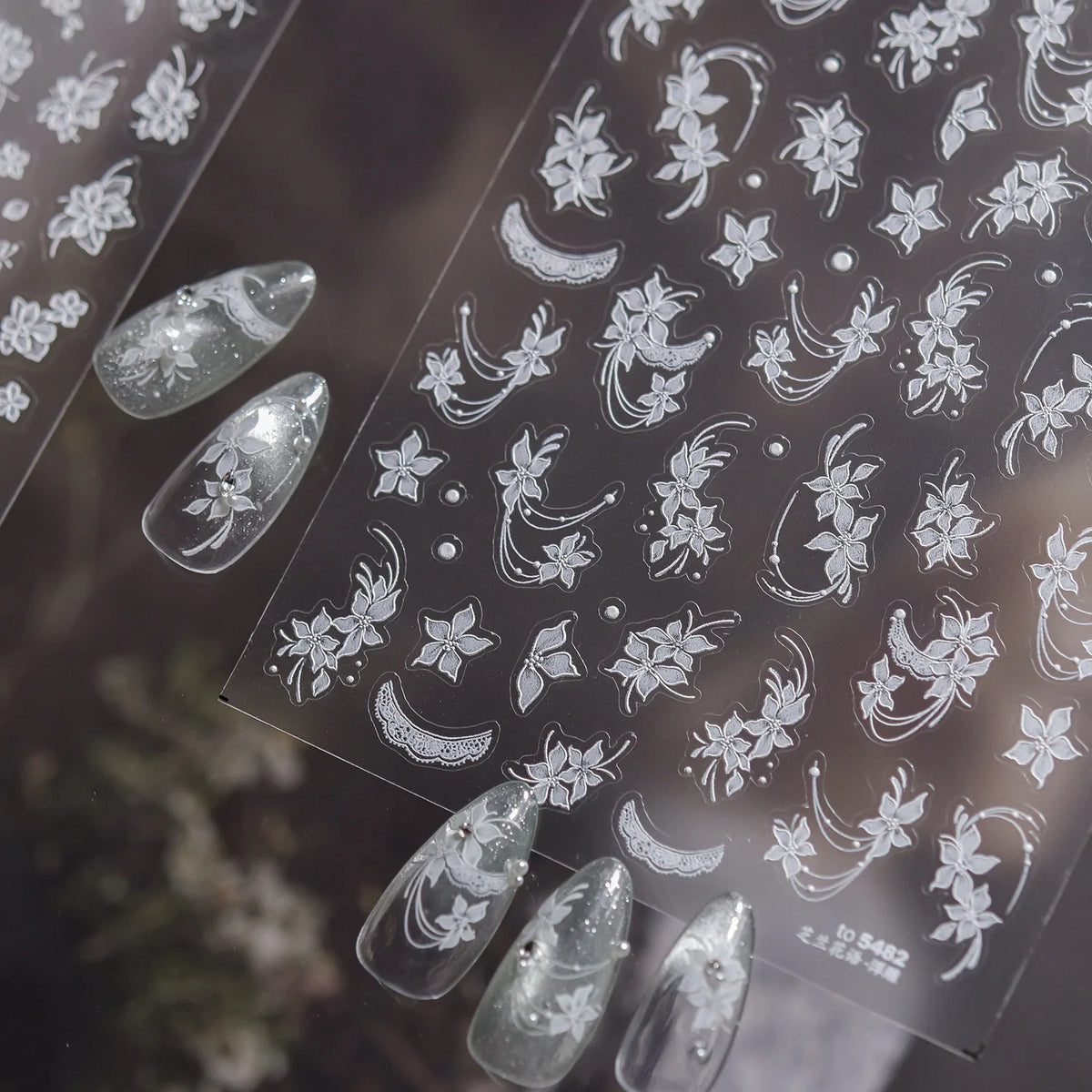 5D White Orchid Nail Stickers | Floral Lace Moon Nail Decals Nail Art Stickers QXL