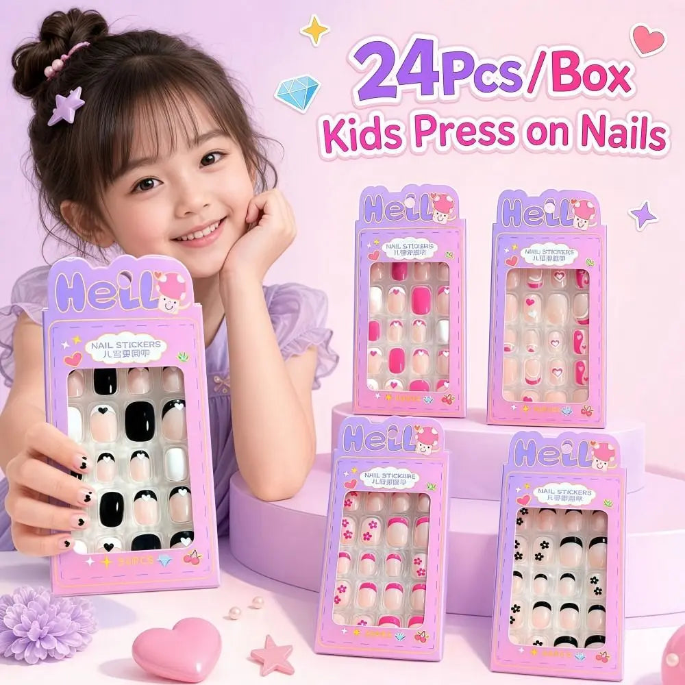 24-Pack Kids Press On Nails | Black Flower French Tip Almond Press-On Nail Set QXL