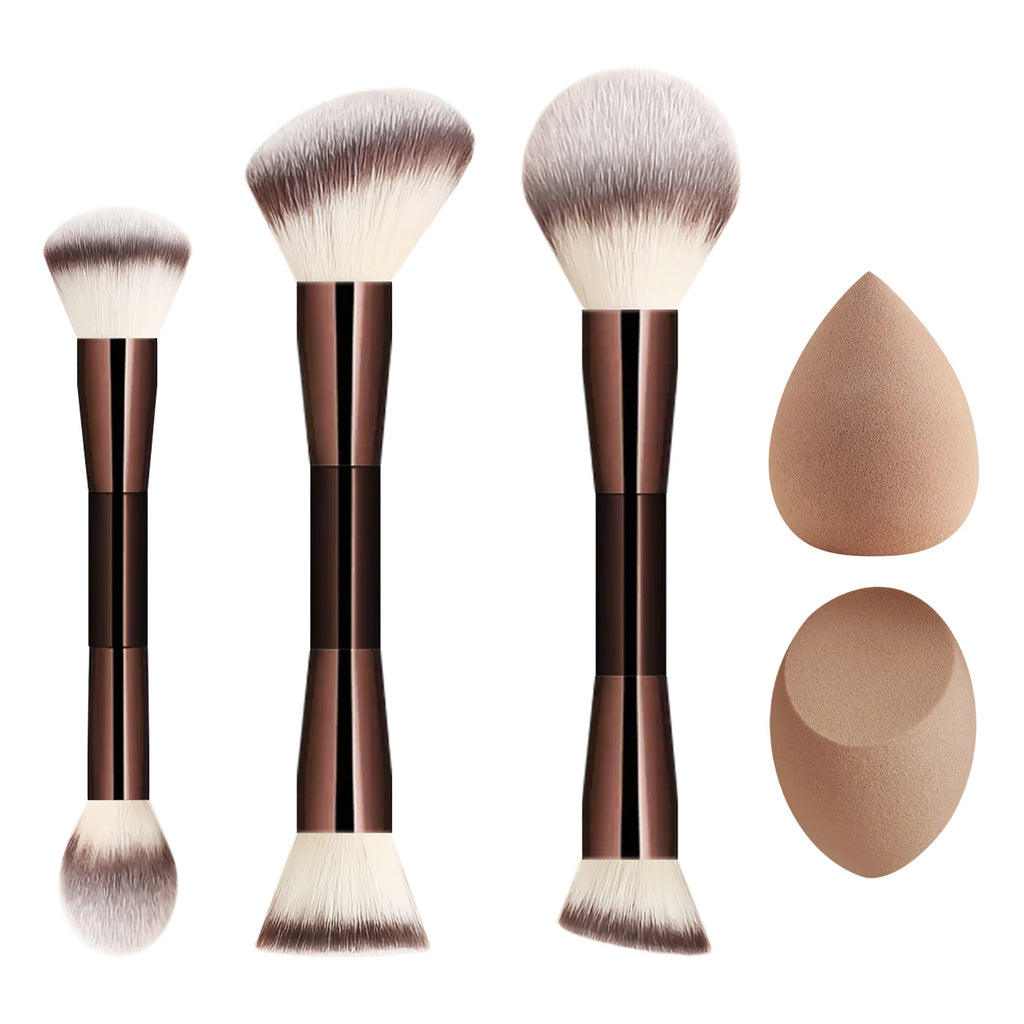 5-Pc Makeup Brush & Sponge Set – Foundation, Blush & Contour Makeup Brush Set QXL Coffee