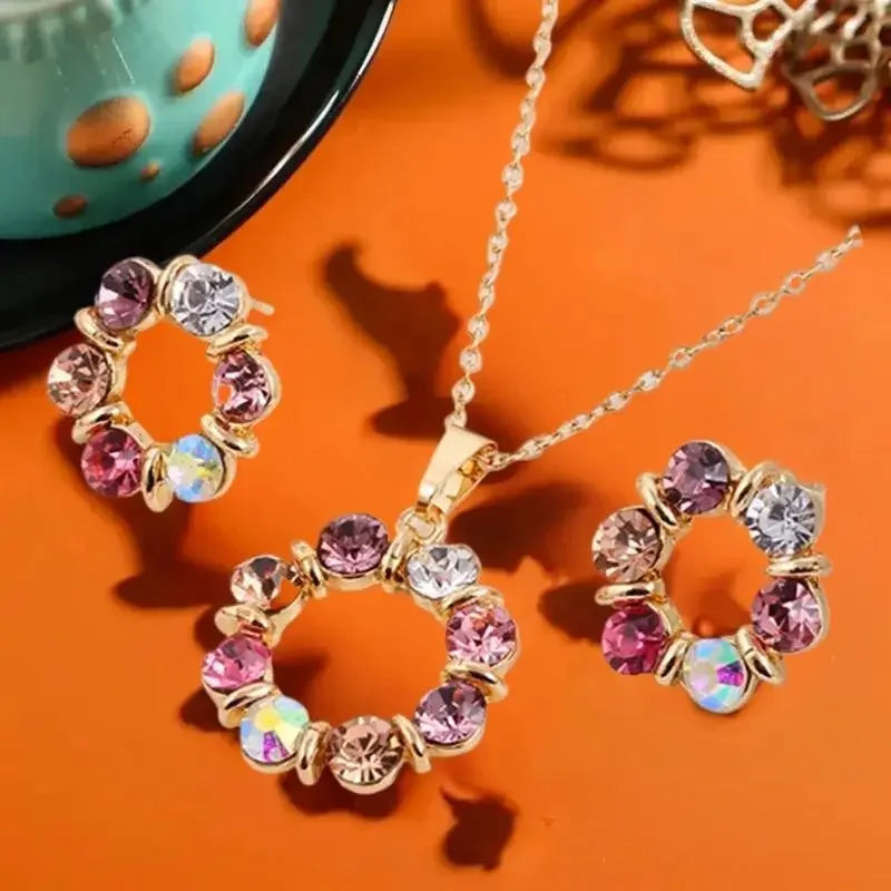 3-Piece Gold Circle Crystal Necklace & Earrings Set | Women Jewelry Set QXL